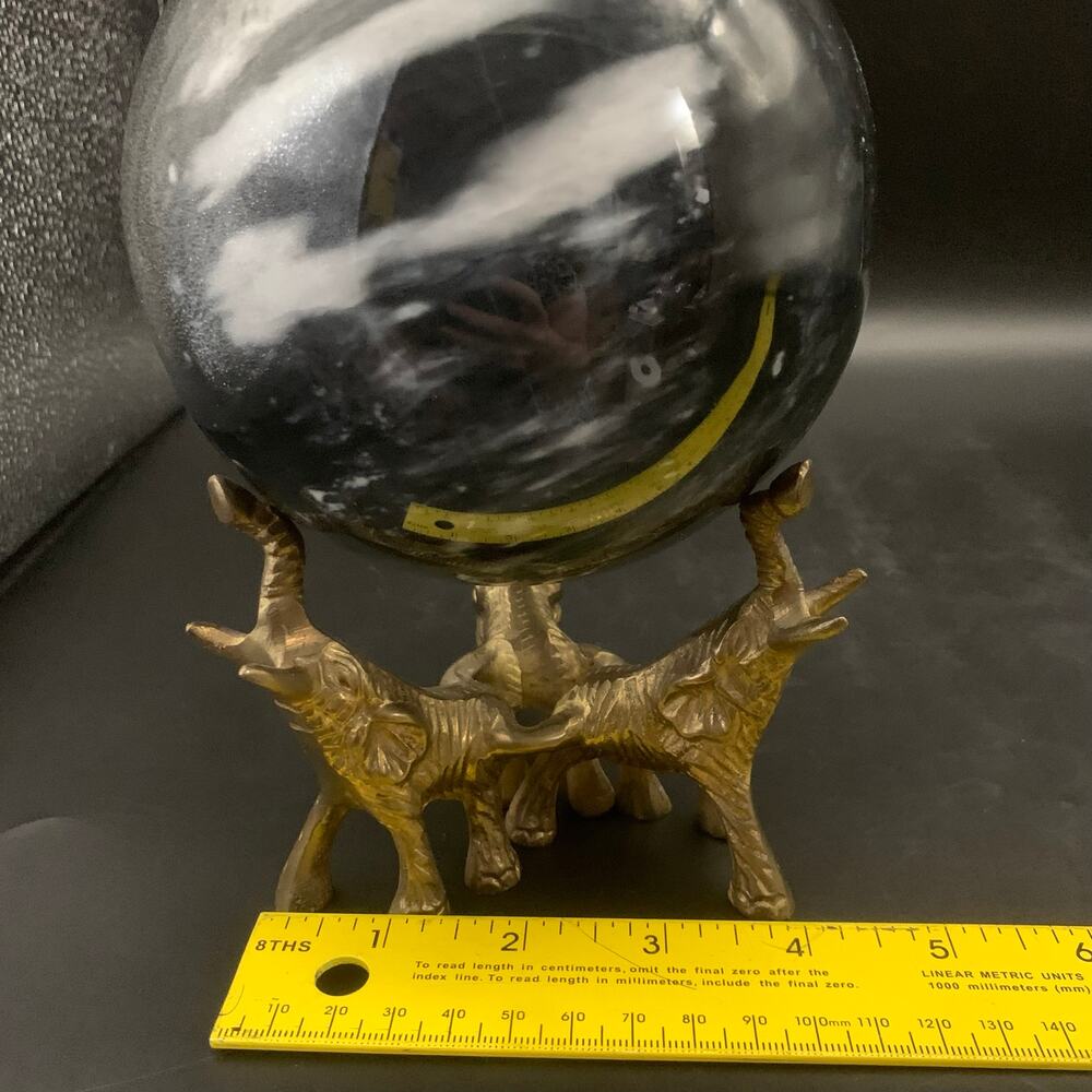 Vintage Black Agate Sphere Orb Crystal with Brass Elephant Stand - Picture 13 of 14